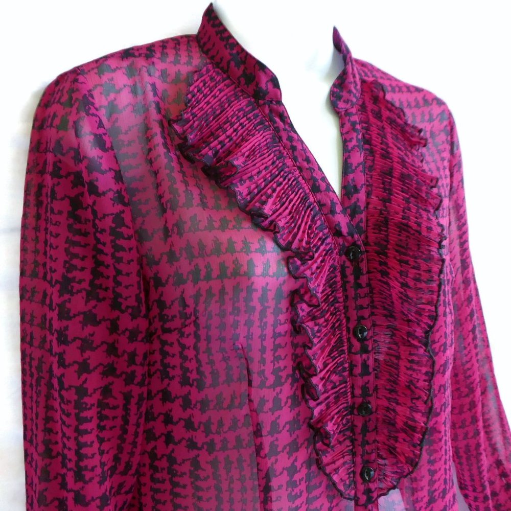 Wanko Japan Blouse Accordion Ruffle Placket Button Front Houndstooth Sheer Pink